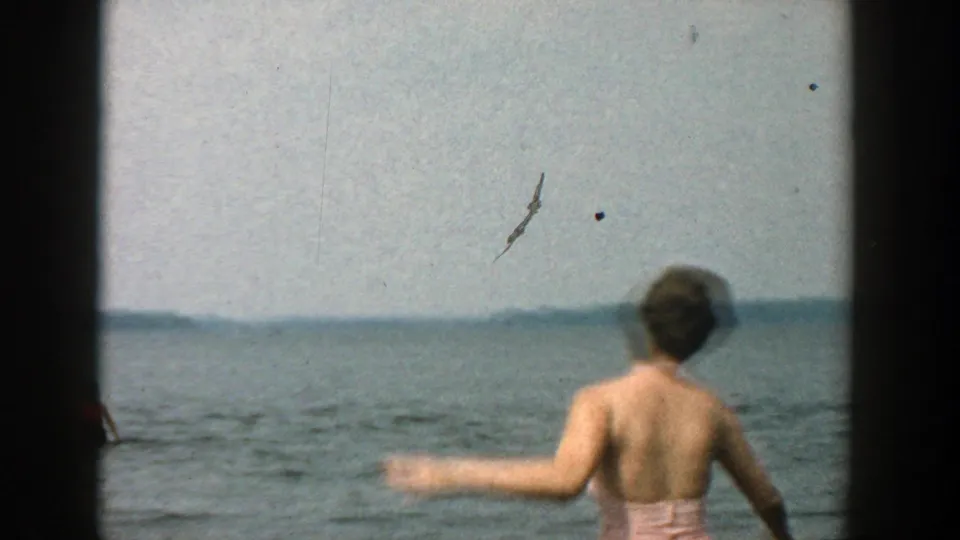 Woman in pink swimwear stands with her back to the camera by a large body of water, extending one arm toward the horizon.