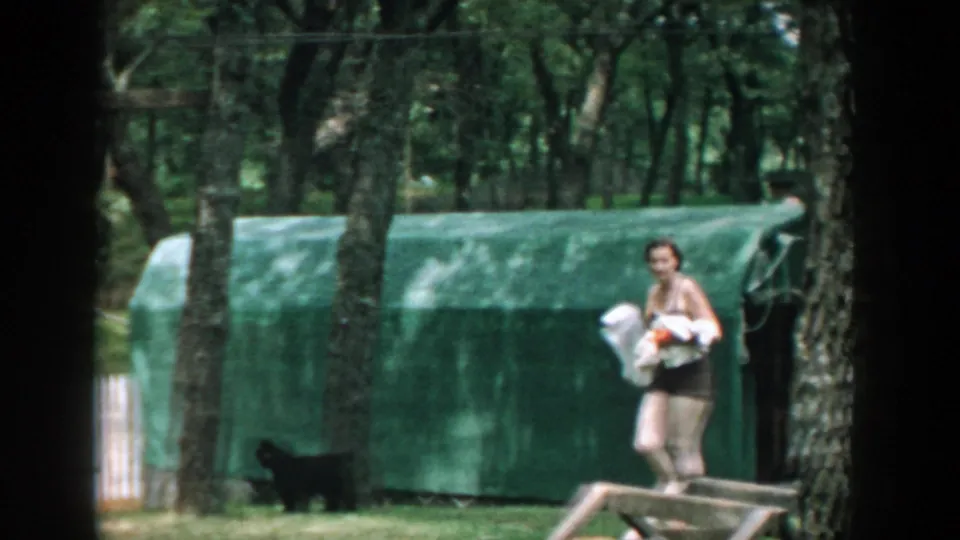 Woman in a light swimsuit crosses the wooded Wisconsin lawn near a green tarp-covered structure and a black dog.