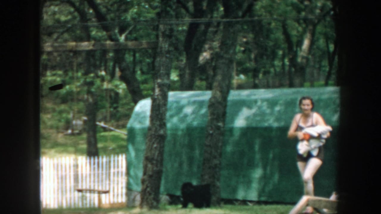 1957 Wisconsin home-movie frame showing a woman in a dark swimsuit near trees, a small black dog, a green covered structure, and a white fence.
