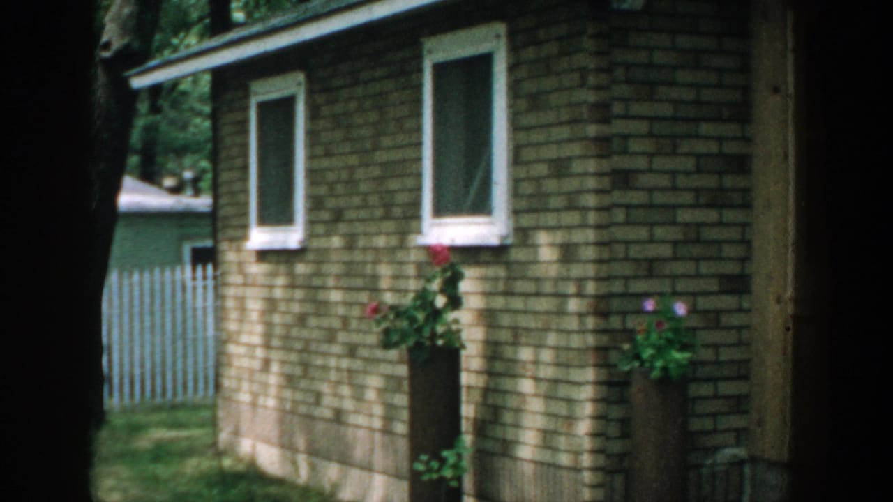 Brick house exterior with white windows, potted flowers, lawn, trees, and a fence.