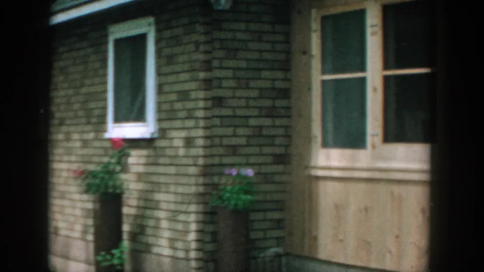 1957 Wisconsin frame with a brick house wall, white window, potted plants, and tan wooden doorway or paneling at right.