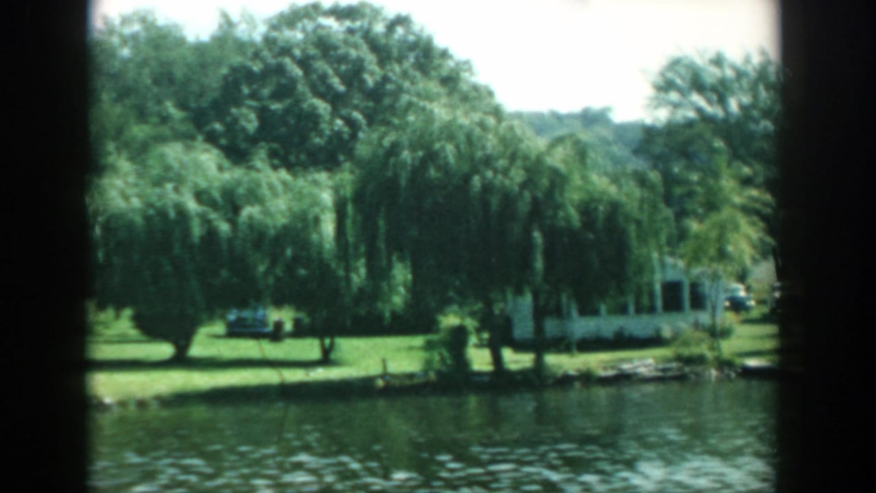 1957 Wisconsin 8mm view of a lakefront park with willow trees, lawn, parked cars, and a pale building seen through dark vertical framing.