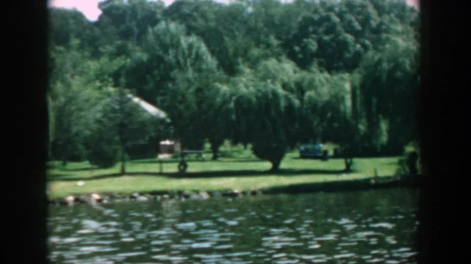1957 Wisconsin 8mm frame showing a green lakeside park, willow trees, dense summer foliage, rippling water, and a small structure near the shore.