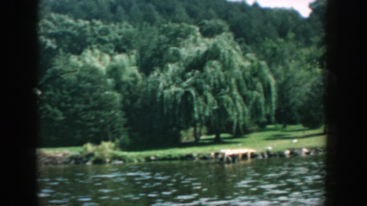 1957 Wisconsin 8mm frame showing rippled lake water and a tree-lined shoreline with willows, lawn, and a small dock.