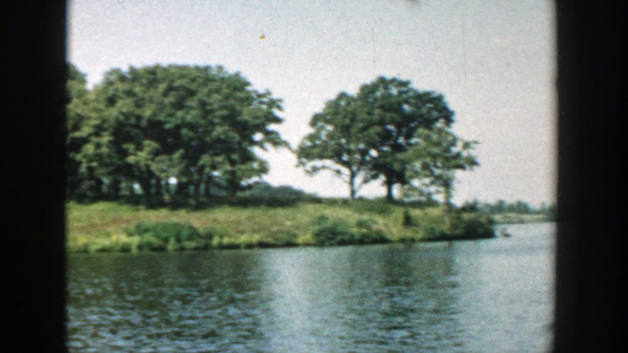 Tree-covered island across a lake with open water in the foreground.