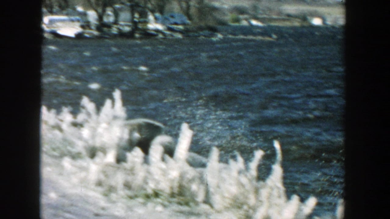 Icy shoreline formations sit in the foreground as dark blue river water moves behind them.
