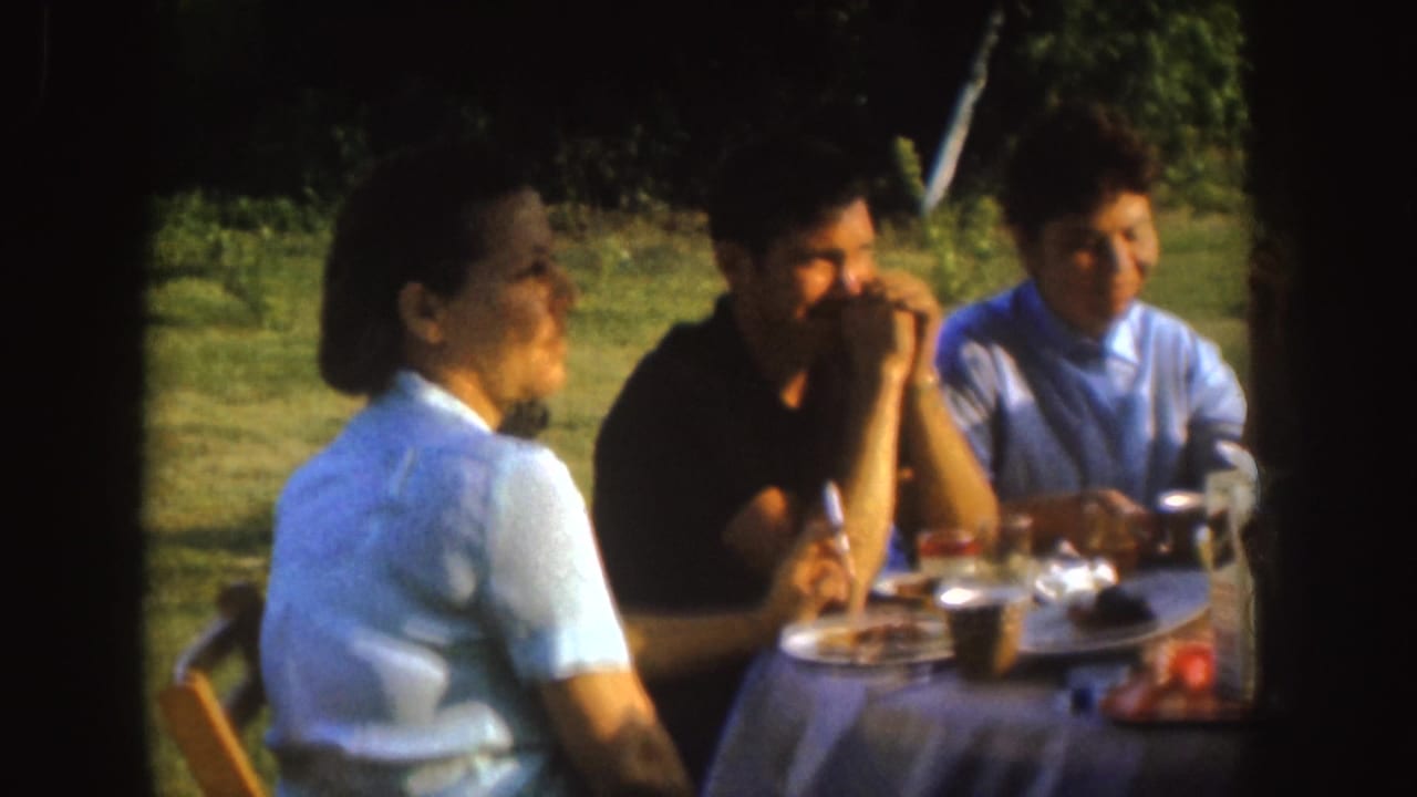 Adults sit at an outdoor table with plates and cups in a grassy backyard.