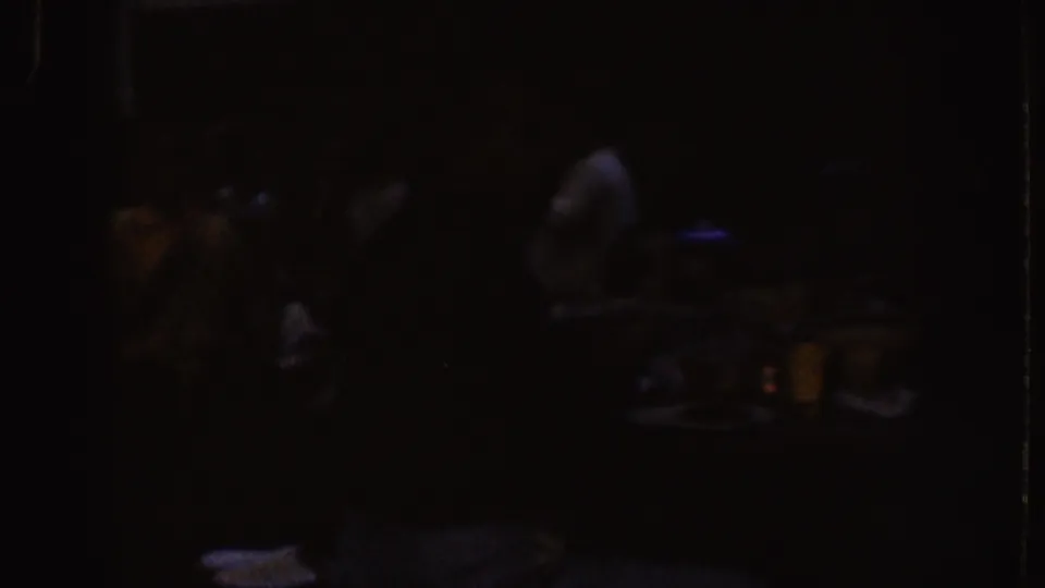 Dim 1955 Nebraska home-movie frame with shadowed adults around a table and faint highlights on dishes or serving objects.