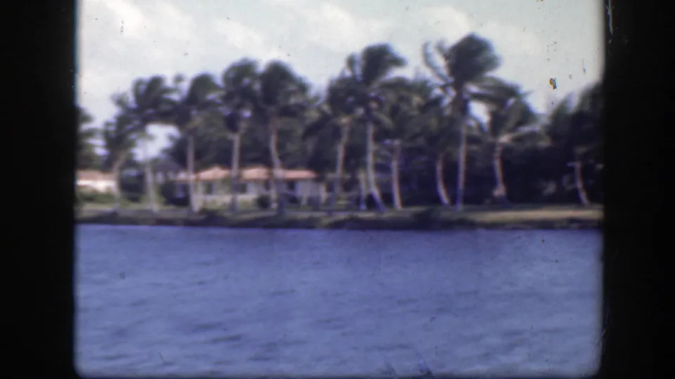 Boat-level 1945 Florida view of residential shoreline with palms, lawns, and low houses beyond rippling water.