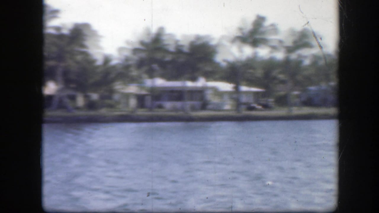 Waterfront homes and palm trees across rippled water, seen through dark 8mm frame edges.