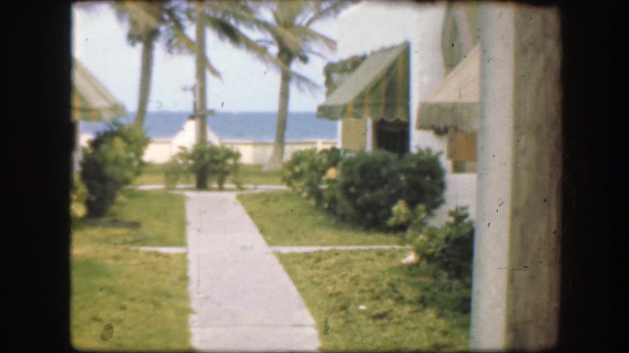 Concrete walkway through resort lawns toward palms and ocean.