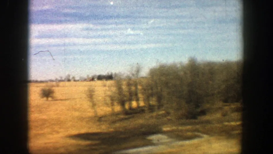 1961 8mm frame from rural Aspen, Colorado, with open yellow-brown fields, sparse trees, and motion-softened roadside foreground.