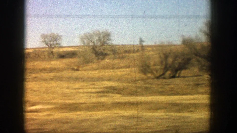 1961 rural road-view frame from the Aspen, Colorado metadata, showing open golden fields, scattered trees, and distant low hills through a vehicle window.