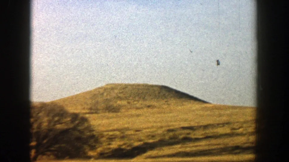 1961 8mm landscape view in the Aspen, Colorado area with a low hill, dry grass and bare trees.