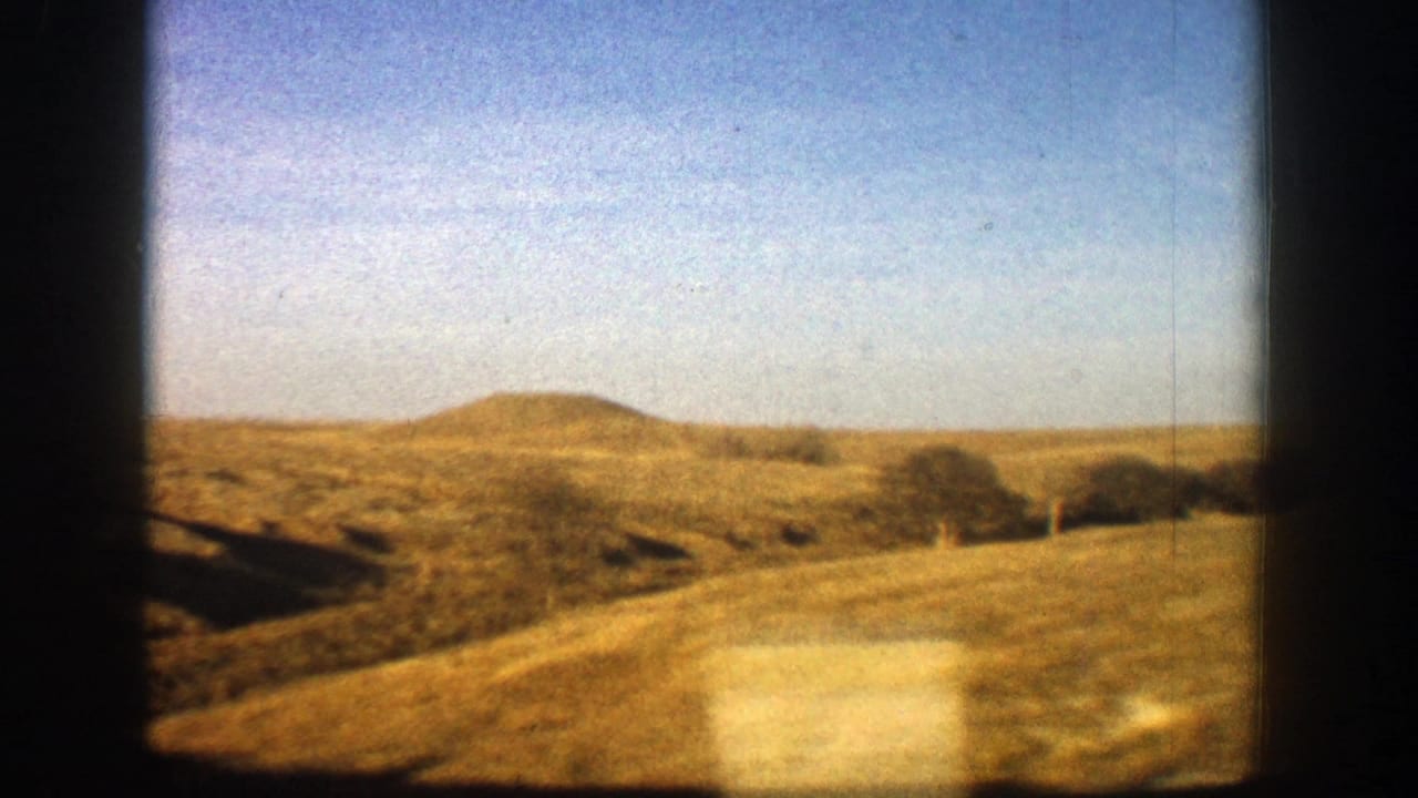Dry golden hills and shrubs seen through a dark-edged vehicle window.