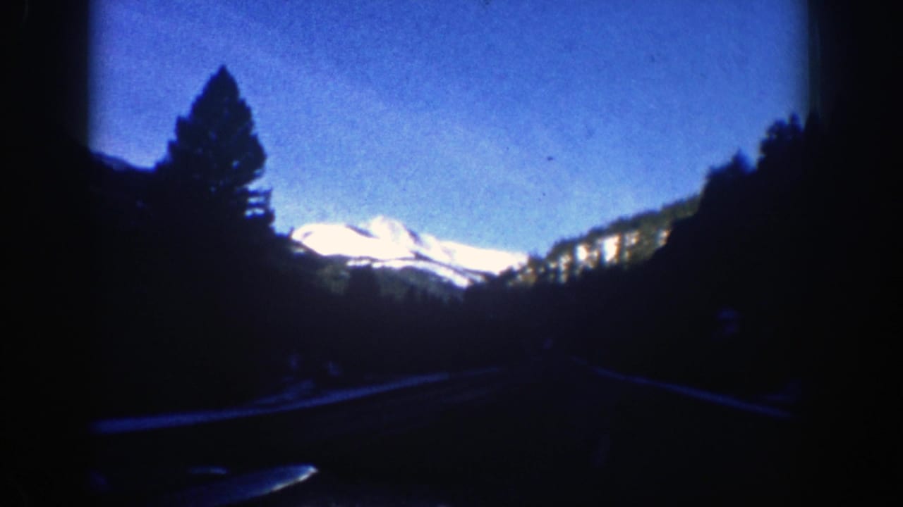 Dark mountain road framed by evergreen trees with a snow-capped peak in the distance.