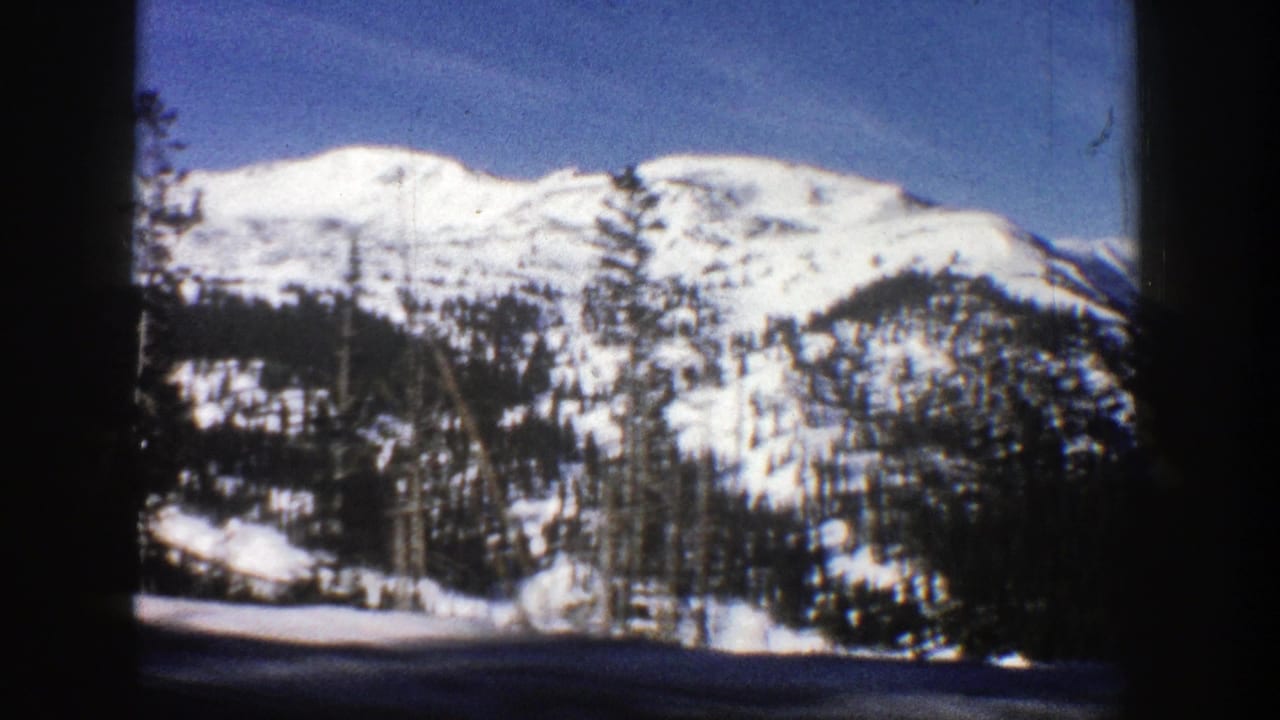 Snow-covered mountain slope with evergreen trees seen through dark 8mm frame borders.
