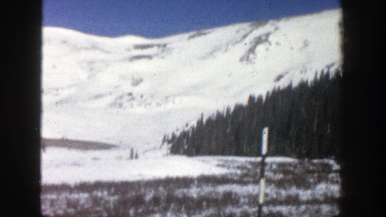 Snowy ridge with evergreen trees and a small post near the lower right.