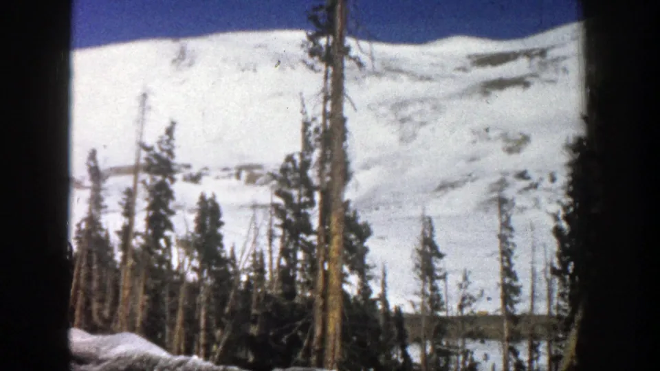 1961 Aspen, Colorado 8mm frame looking through tall thin trees toward a snow-covered mountain and a small water edge.