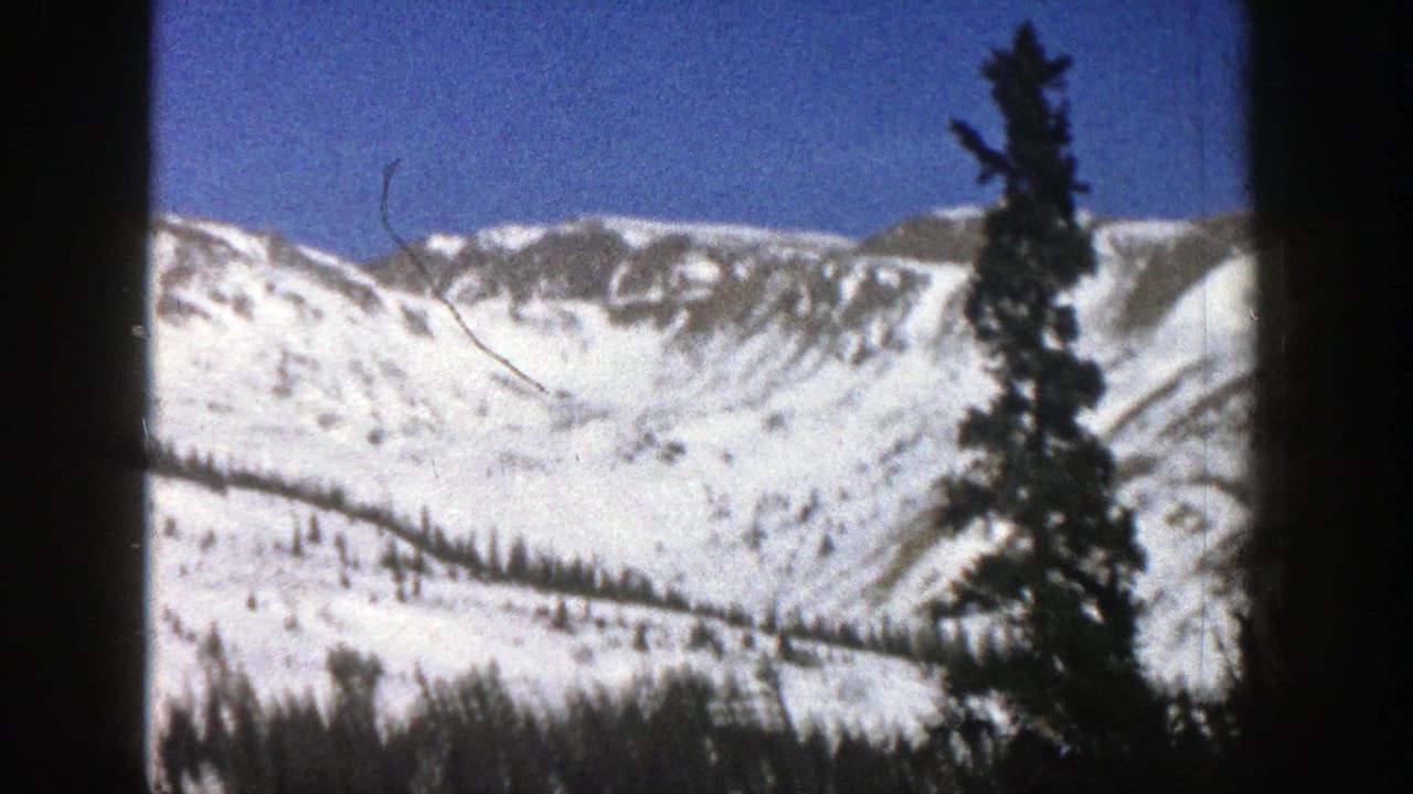 Snowy mountain slope and a tall evergreen seen through dark film-frame borders.