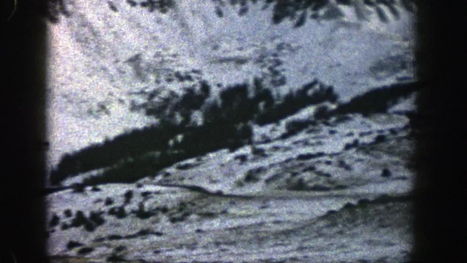 Blue-white 8mm frame of a Colorado snowy slope with a dark evergreen band and uneven home-movie exposure.