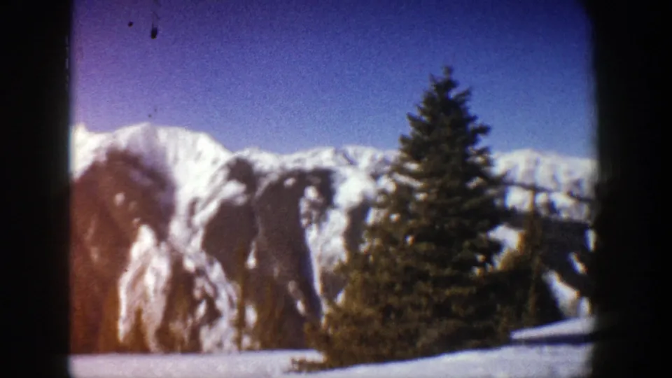 1961 Aspen, Colorado 8mm view of evergreen trees and snowy mountain peaks with a warm exposure flare on the film.