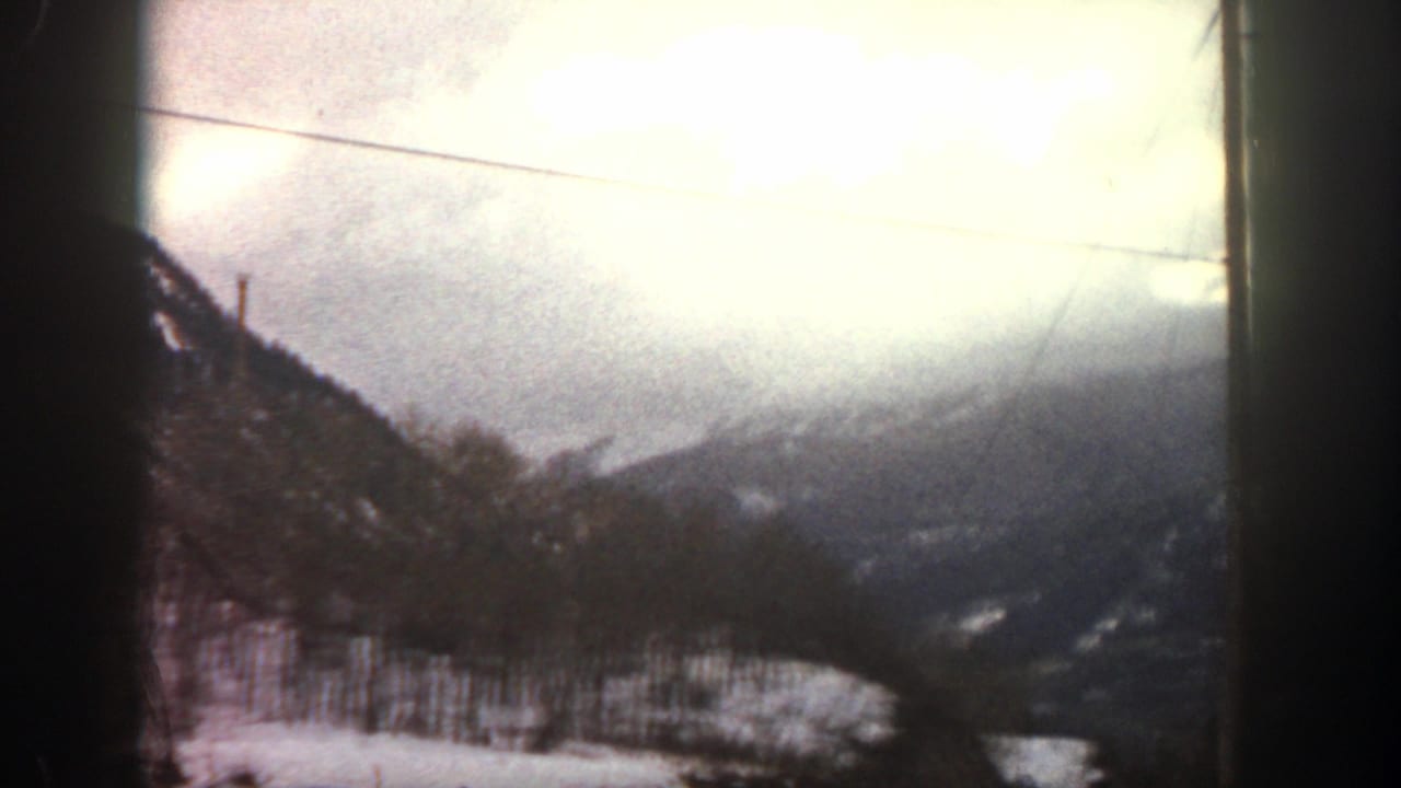 Snowy wooded mountain slopes beneath a cloudy sky with a wire crossing the frame.