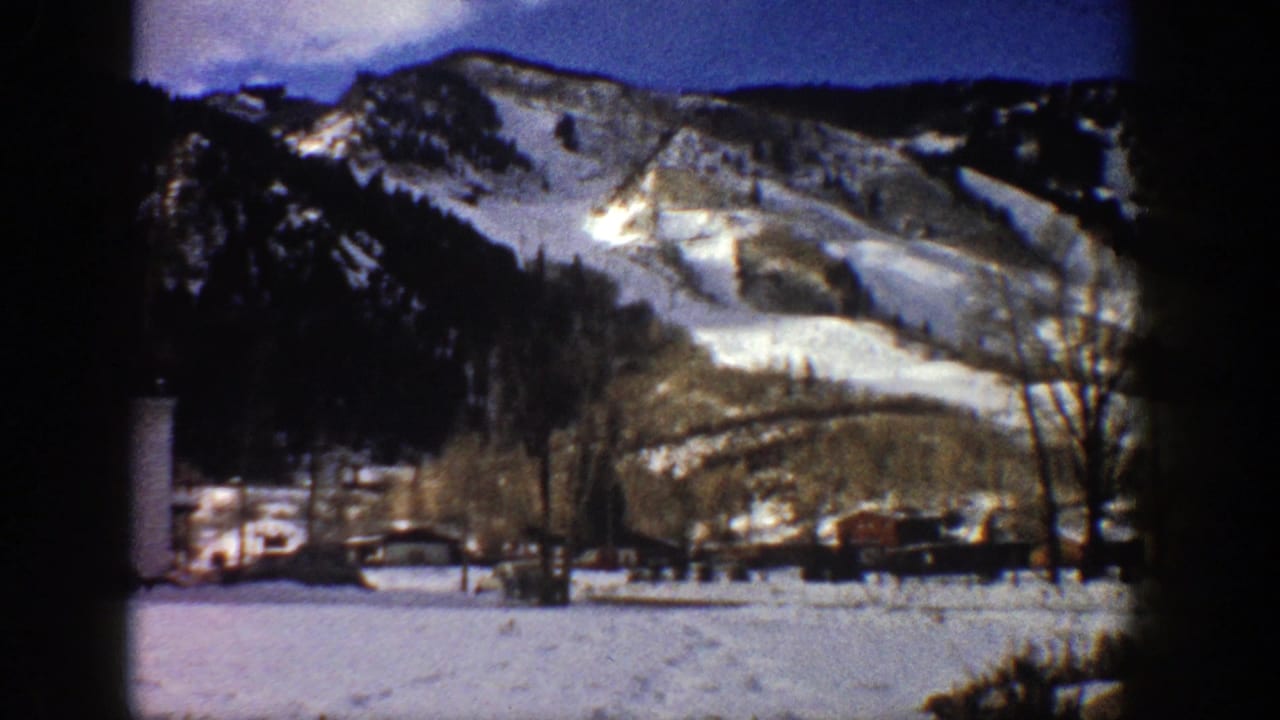 Snowy mountain slopes above a small winter settlement and bare trees.