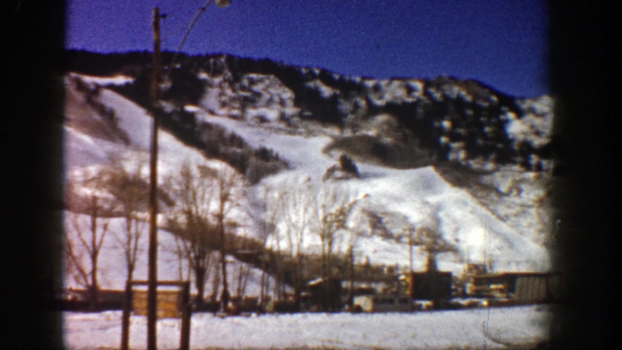Snowy mountain landscape with a pole, trees, and buildings at the base of the slope.
