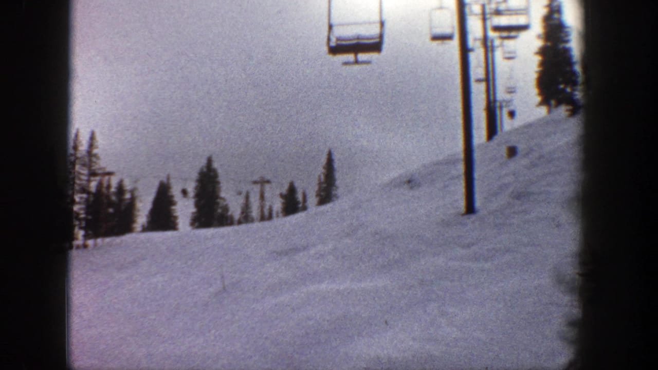 Chairlift towers and empty chairs rise over a snowy slope bordered by pine trees.