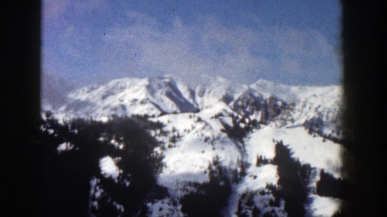 Snow-covered mountain slopes and dark evergreens under a pale blue sky.