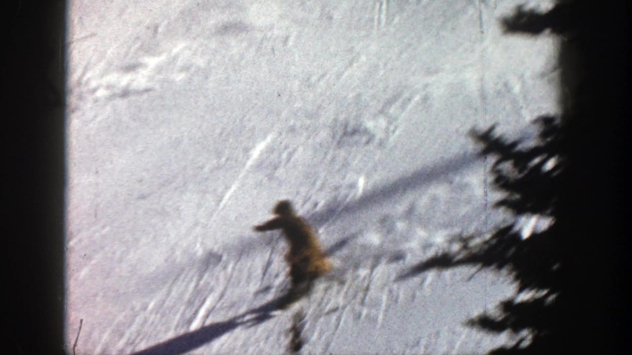 Distant skier crossing a bright snowy slope near dark tree edges.