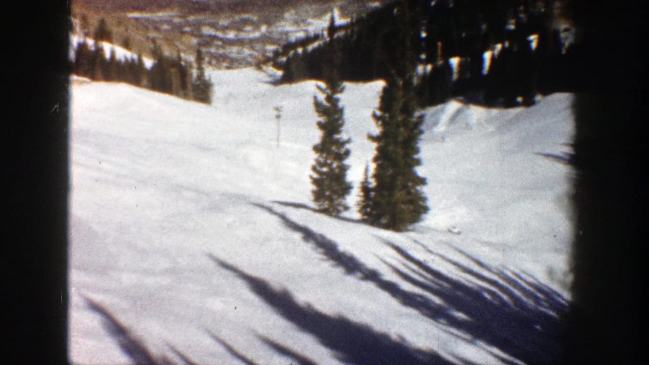 1961 Aspen winter view with two evergreen trees on a bright snowy slope and a small distant marker.