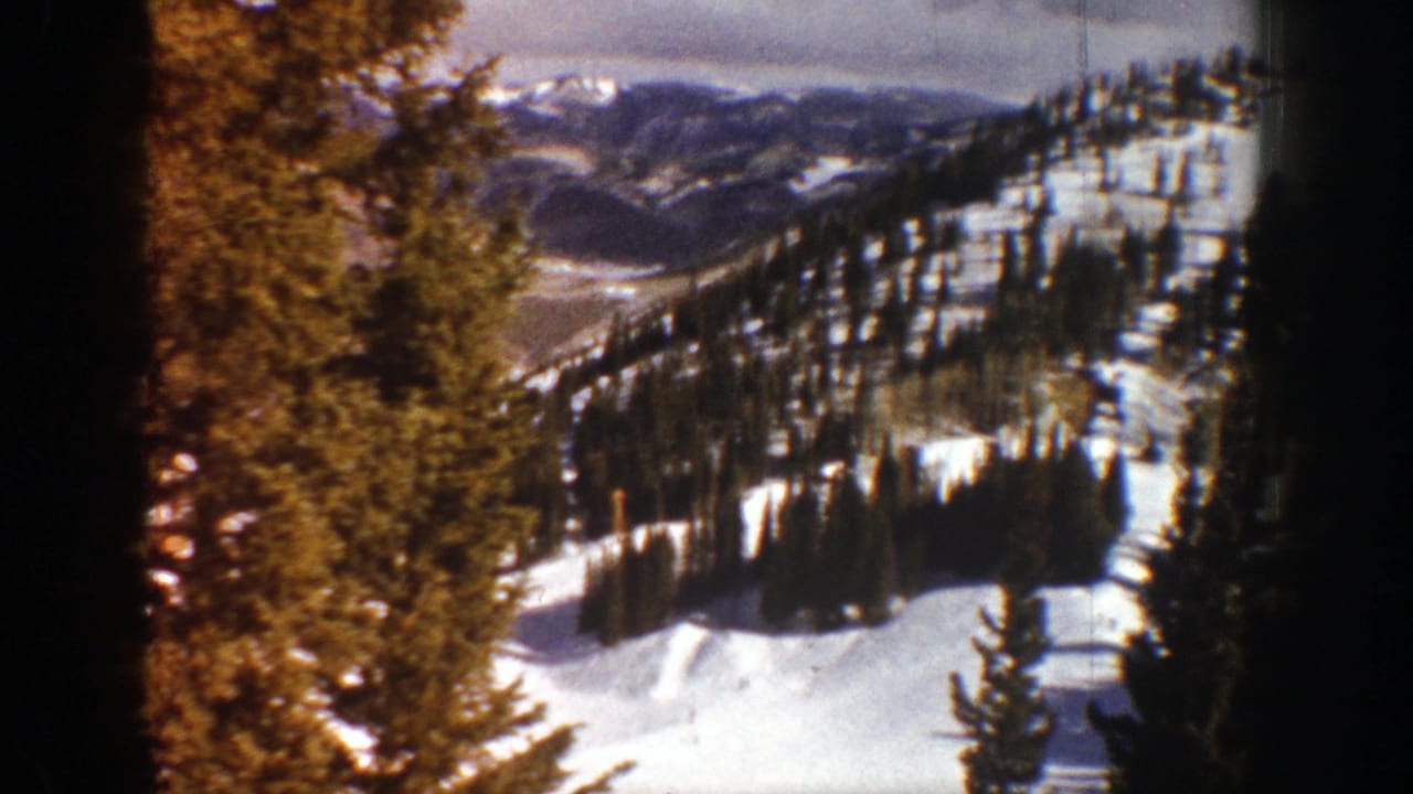 Snowy mountain slope with evergreen trees and distant ridges under clouds.