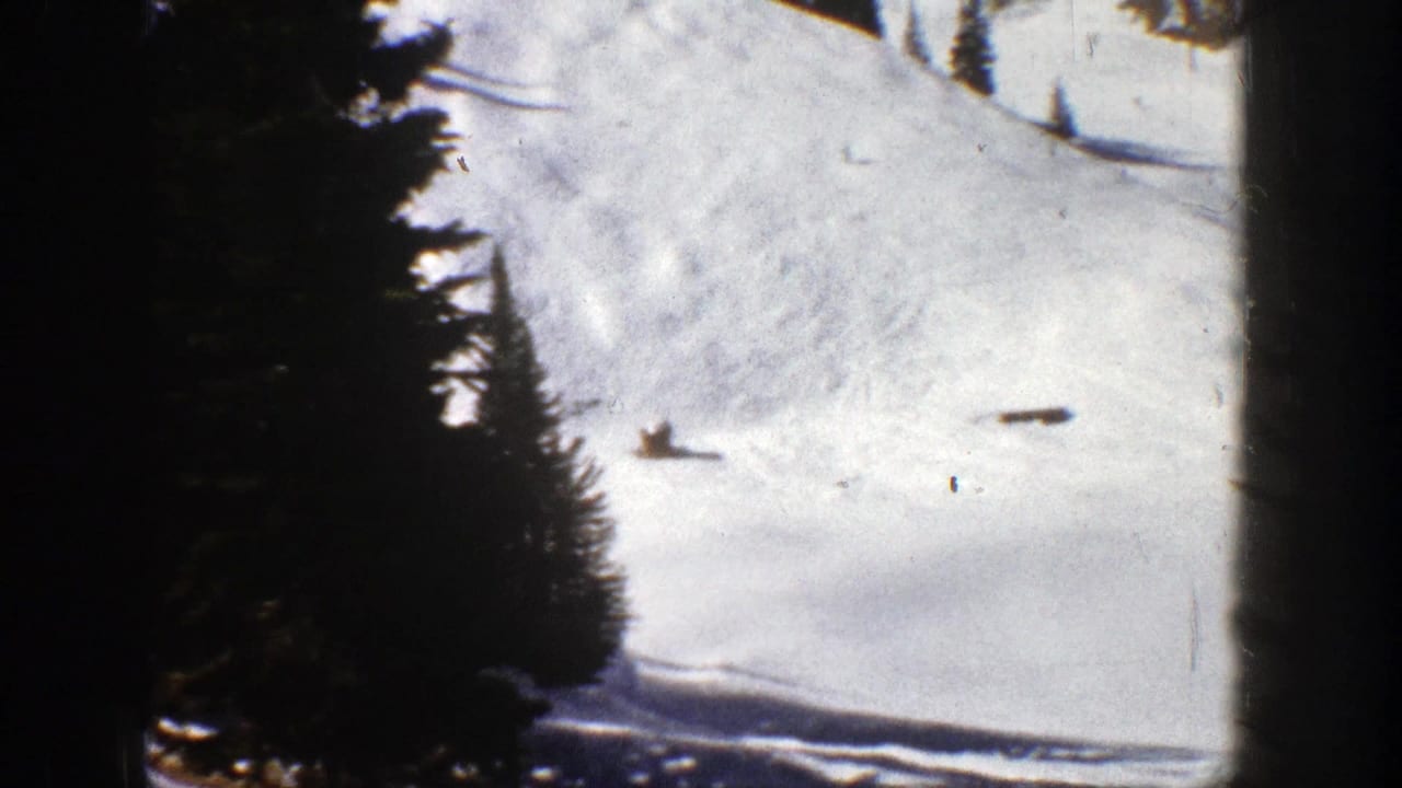 Distant skier on a snowy hillside with evergreen trees and dark film edges.