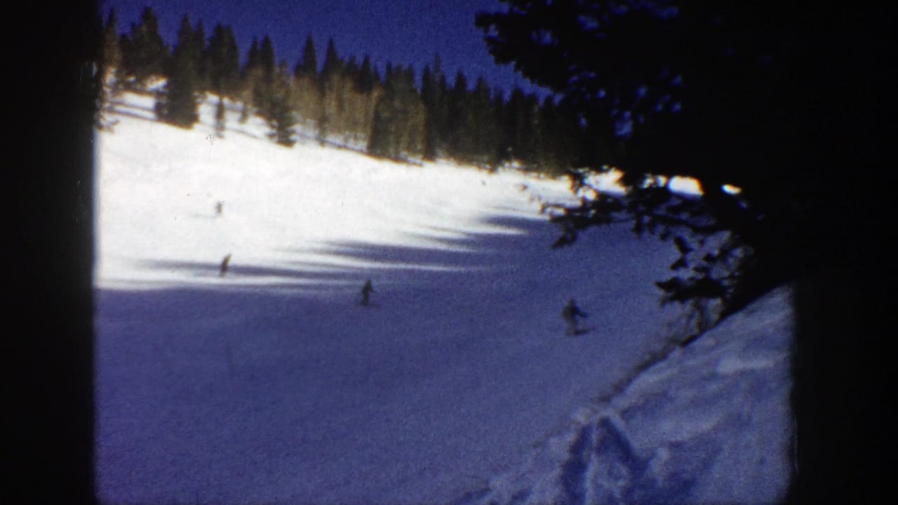 Several small skiers descend a snowy slope bordered by evergreens under a deep blue sky.