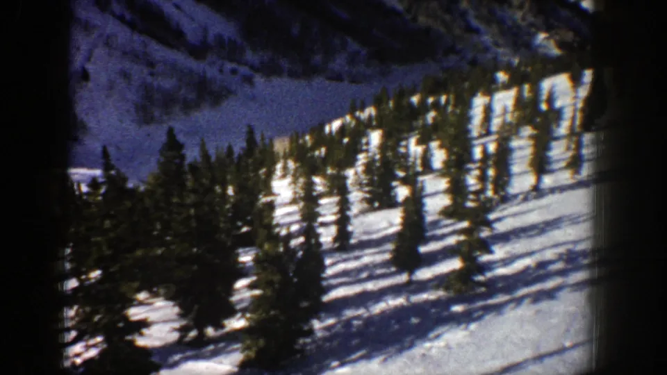 1961 Aspen, Colorado home-movie frame showing evergreen trees scattered across a sunlit snowy slope.