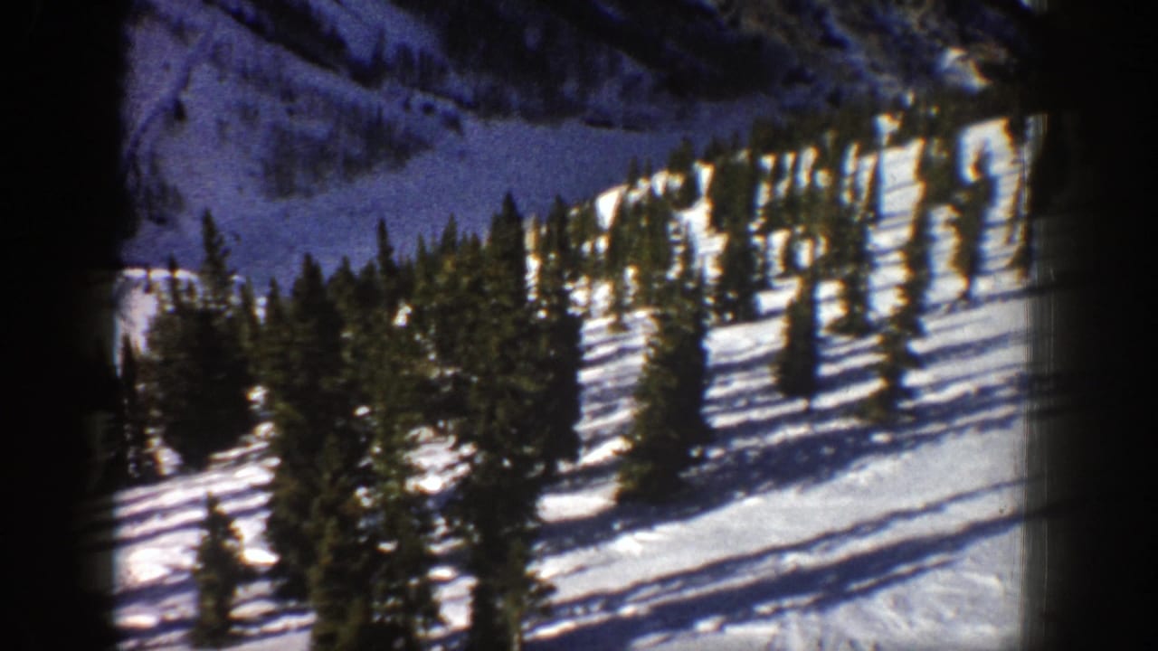 Snowy mountain slope with evergreen trees and dark 8mm frame edges.