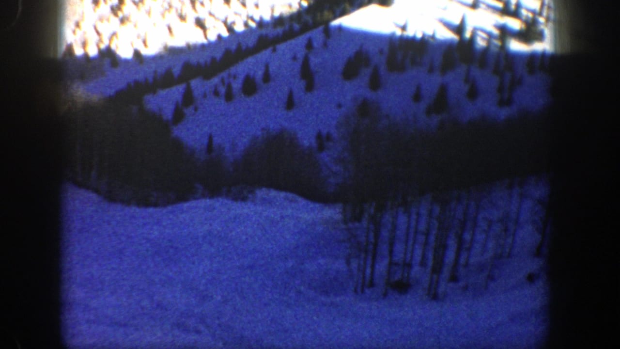 Snowy hillside and tree line seen through dark 8mm frame edges.