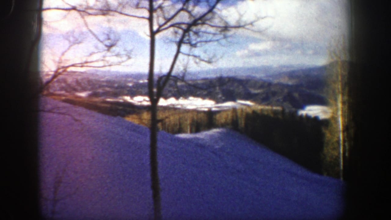 Snowy hillside with bare trees, distant mountains, and pale blue sky.