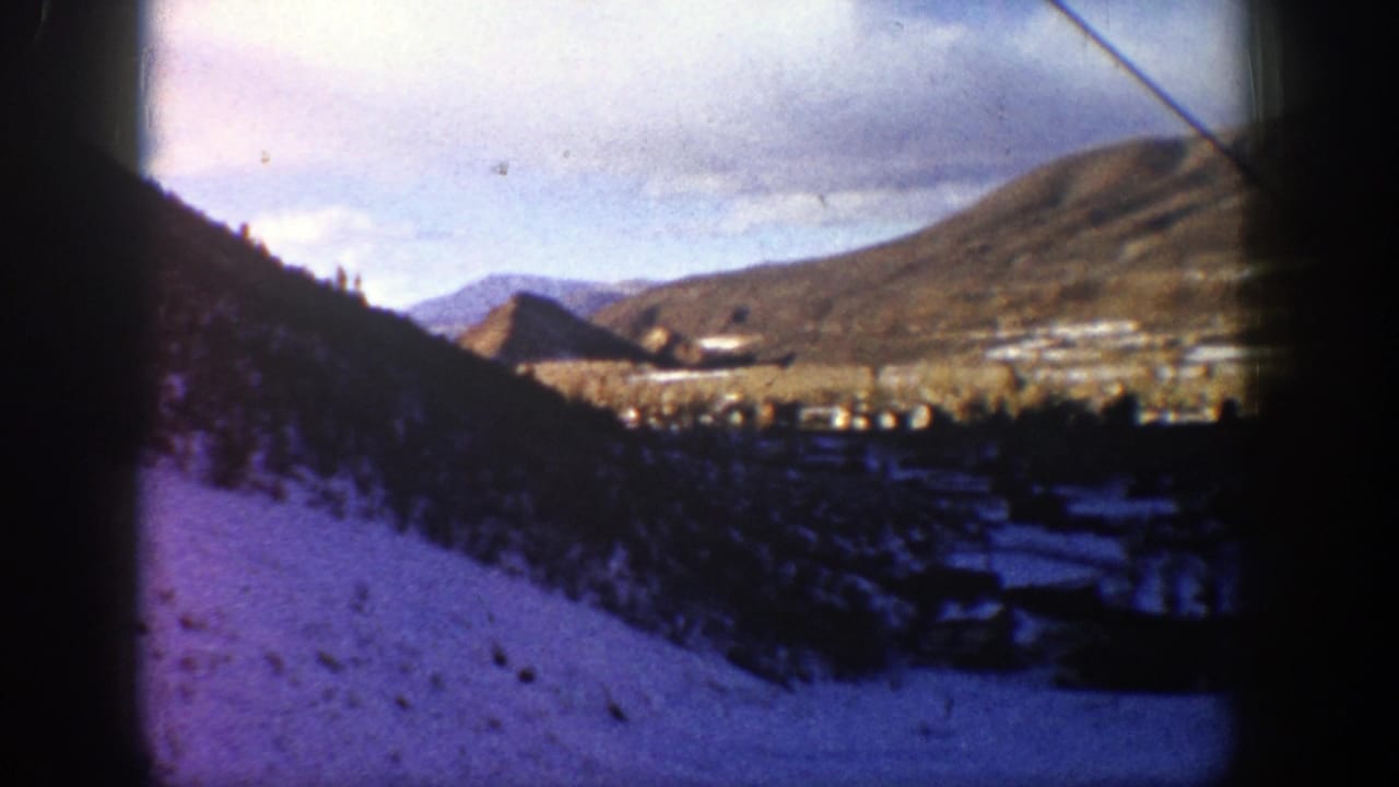 Snowy forested hillside overlooking a mountain valley town under a cloudy sky.