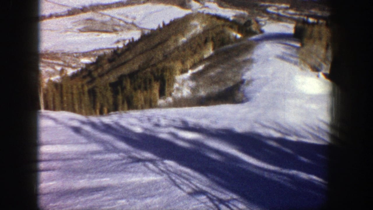 Snow-covered ski run descending between wooded hills with long shadows across the slope.