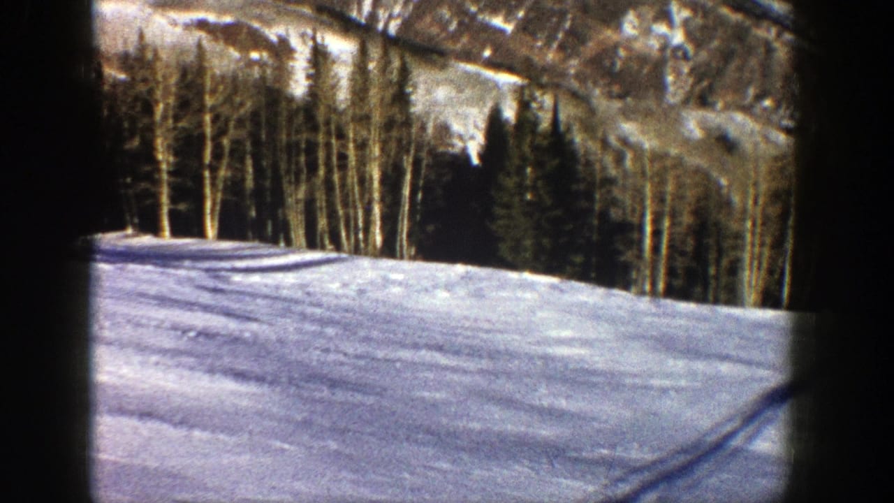Snowy slope bordered by trees with mountains partly visible beyond.