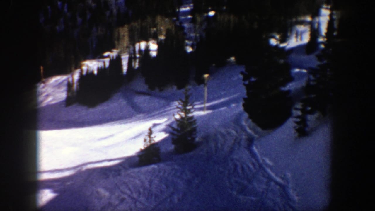 Snow-covered slope with trees, a lift pole or chair detail, and tracks crossing the run.