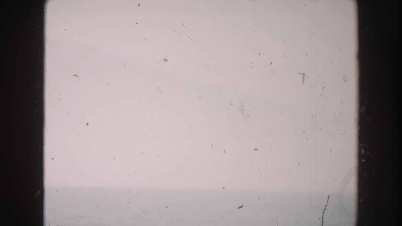 1960 Italy 8mm blank frame with off-white exposure, scattered dust, faint scratches, and dark film-strip edges.