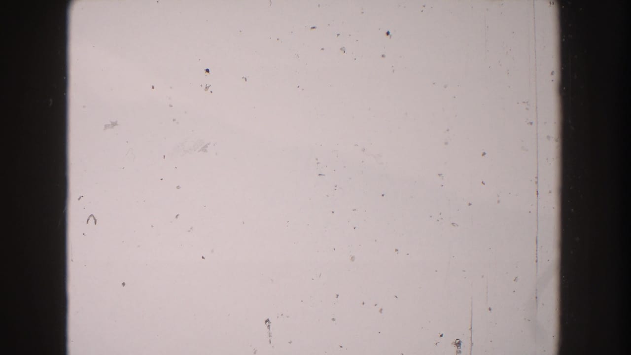 Mostly blank pale film frame with central dark divider, dust, and faint scratch marks.