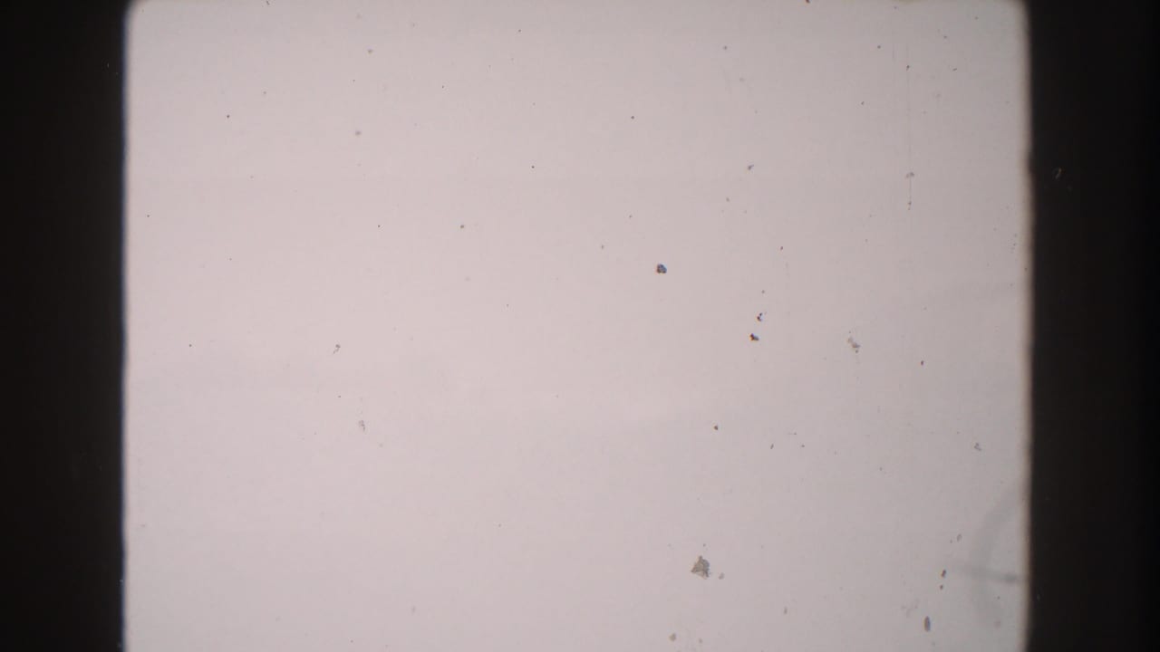 1960 Italy 8mm source frame showing a blank overexposed field with dark film borders, dust, and scratch marks.