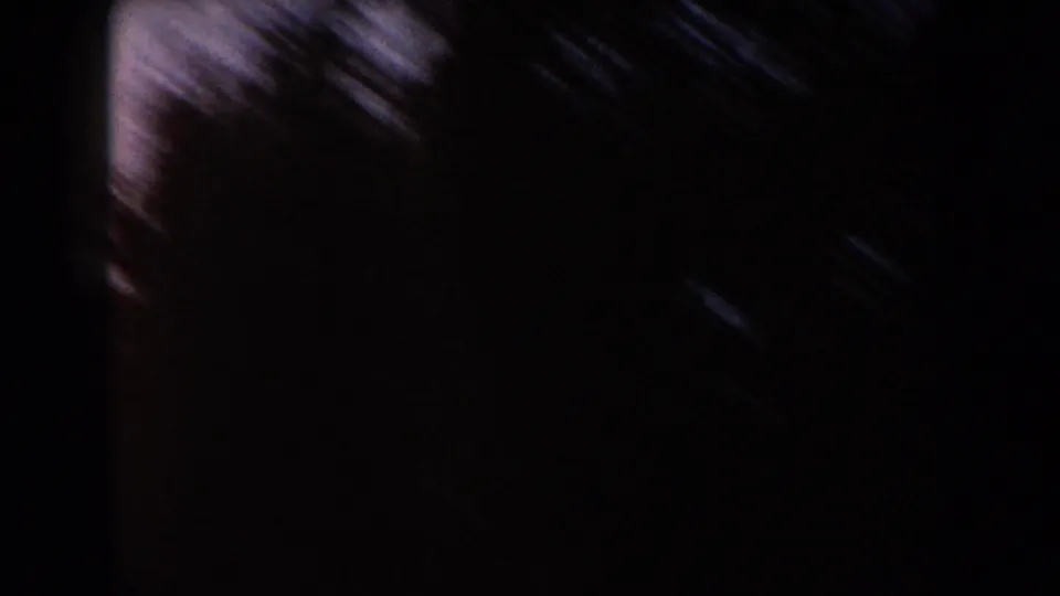 A 1960 Italy 8mm frame with dark, motion-blurred tree silhouettes and heavy shadow at the film edge.