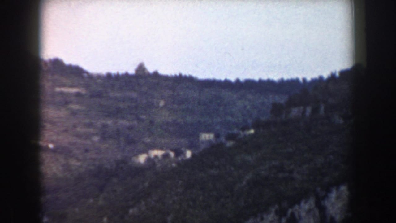 Distant hillside with sparse vegetation beneath a pale sky.