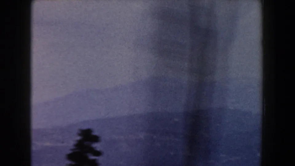 1960 Italy travel frame with hazy distant hills and a dark tree silhouette viewed through faded 8mm color.